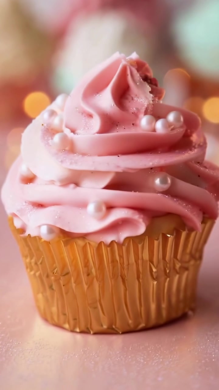Cupcake rosa glassato con perle commestibili e brillantini