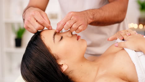 woman in spa, face and acupuncture with therapy