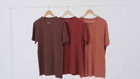 video of three brown t shirts on hangers and copy space on white background