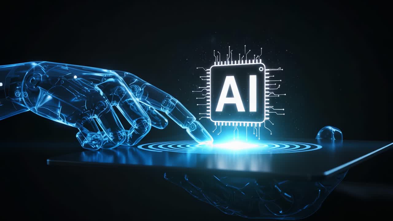 A Futuristic Glimpse: A Digital Hand Interacting with an AI Chip, Symbolizing the Integration of Technology and Intelligence in the Modern Age