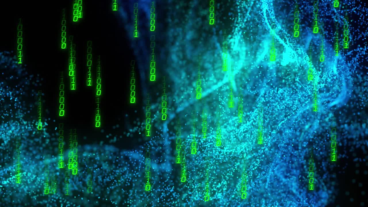 Animation of binary coding and data processing over glowing mesh