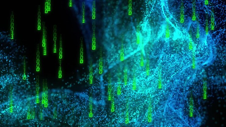 Animation of binary coding and data processing over glowing mesh
