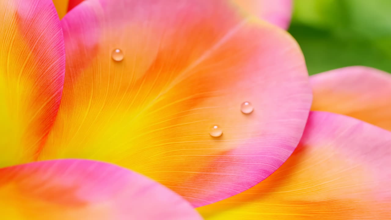Primo piano di un petalo di fiore rosa e arancione vivace con goccioline d'acqua