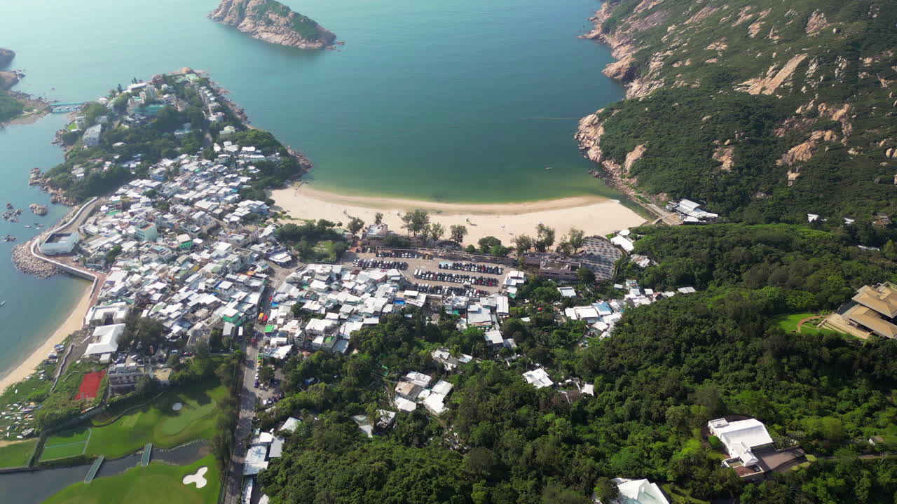 Shek O Bay And Town Local Settlement Hong Kong Island China Drone Low Fly Over Morning 4K 60FPS