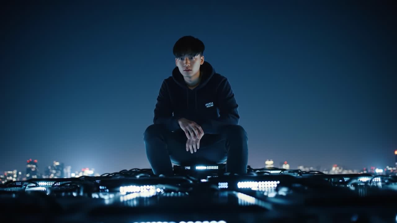 A lone figure sits contemplatively atop a rooftop, surrounded by glowing LED lights, overlooking a sprawling urban skyline at night, reflecting deep thoughts amidst city lights