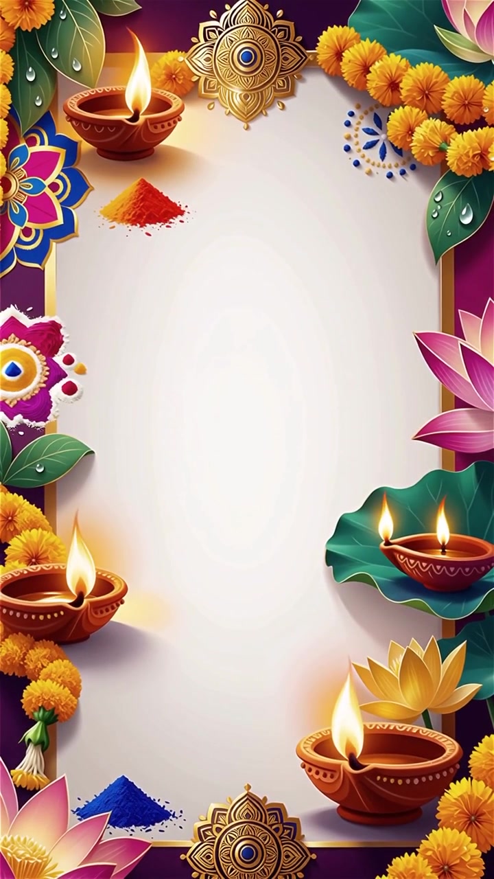 Sfondo Diwali con Diyas luminosi, Rangoli e fiori di loto