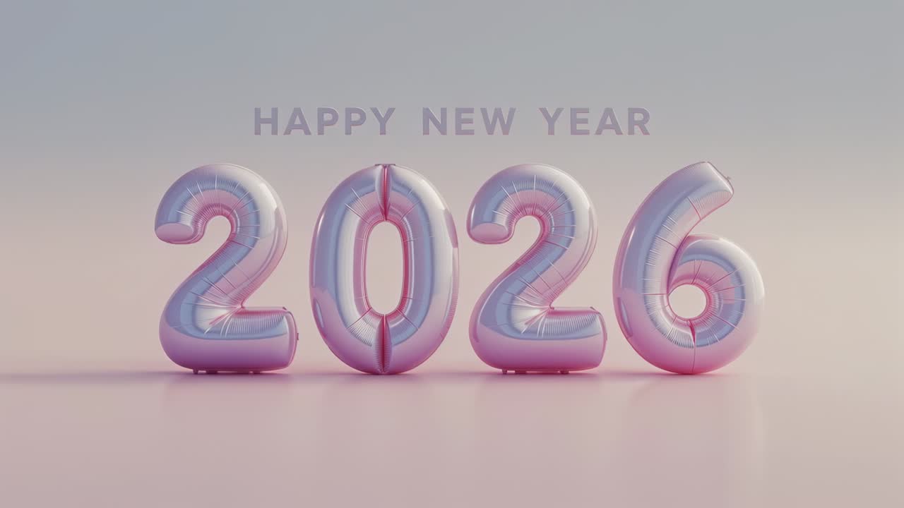 Luce mutevole che illumina quattro palloncini di alluminio che formano il numero 2026 su un pavimento lucido, con la scritta BUON CAPODANNO in alto