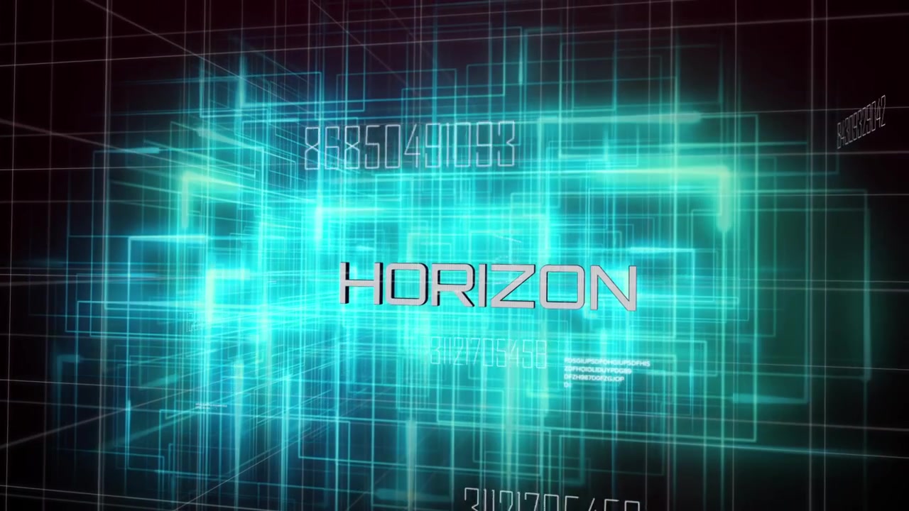 Fusione di una rete wireframe luminosa nello spazio dati, HORIZON che pulsa con linee guida rosse e codice