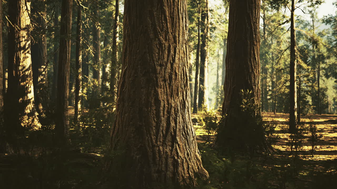 Alberi alti che proiettano ombre in una foresta serena durante l'ora d'oro
