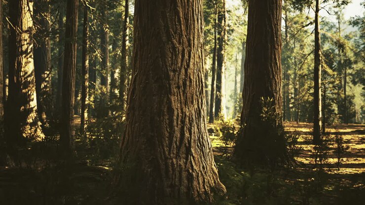 Alberi alti che proiettano ombre in una foresta serena durante l'ora d'oro