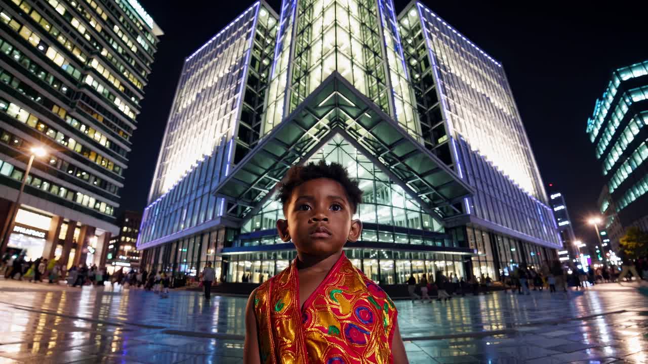 Young boy wearing traditional colorful clothes standing in front of a modern glass skyscraper at night in Tokyo, Japan, with blurred people walking on the street