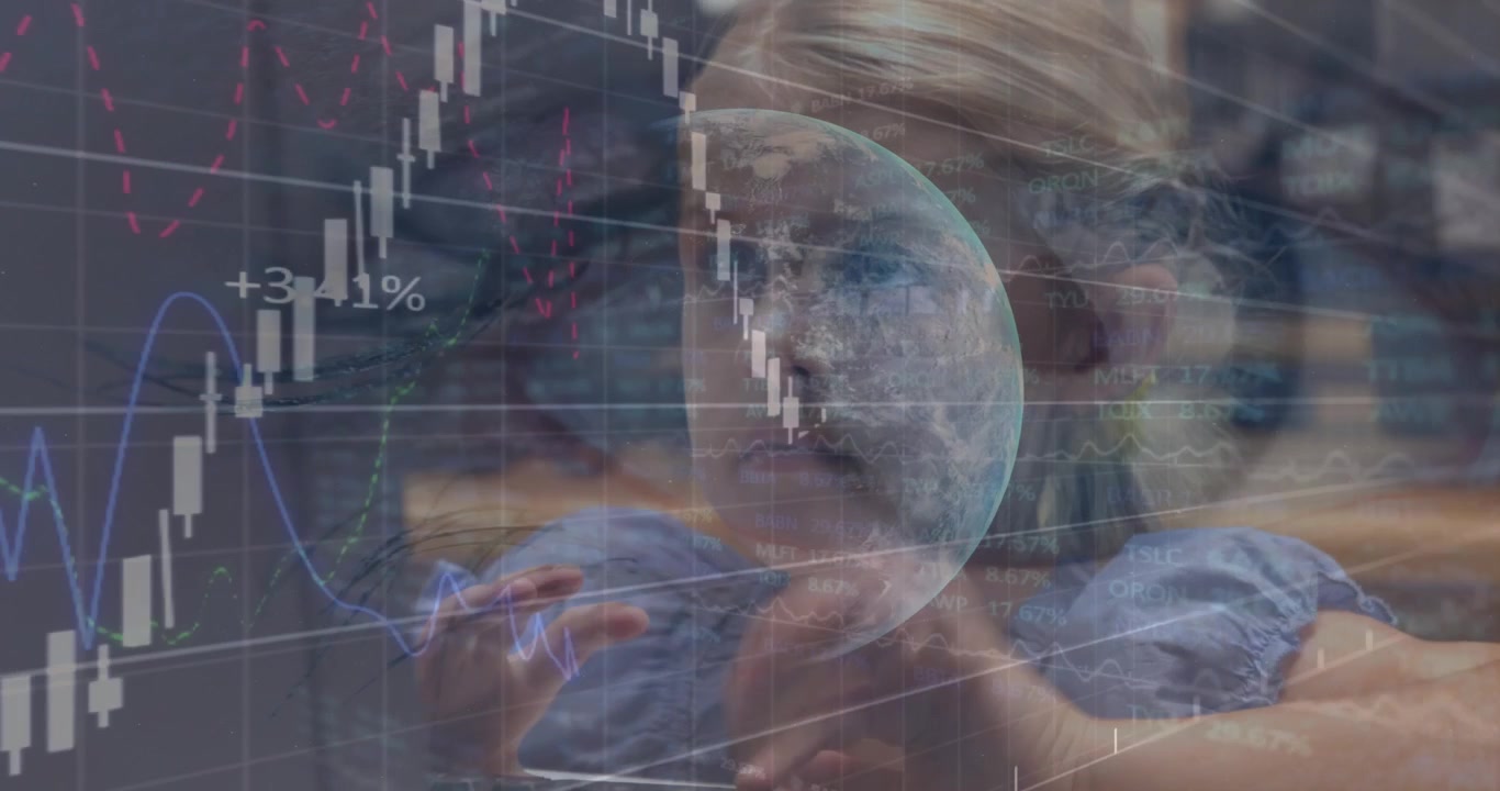 Animation of data processing over schoolchildren looking at globe in class