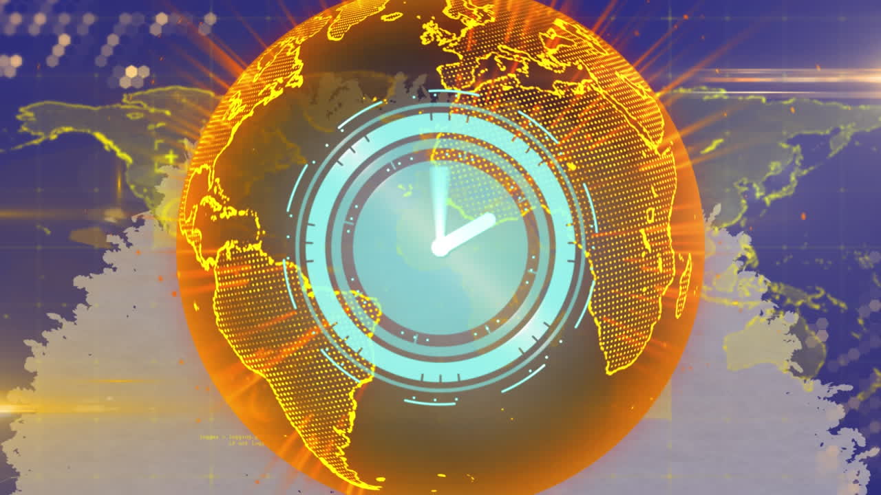 animación de un reloj que se mueve rápidamente por el globo con redes de conexiones y un mapa del mundo
