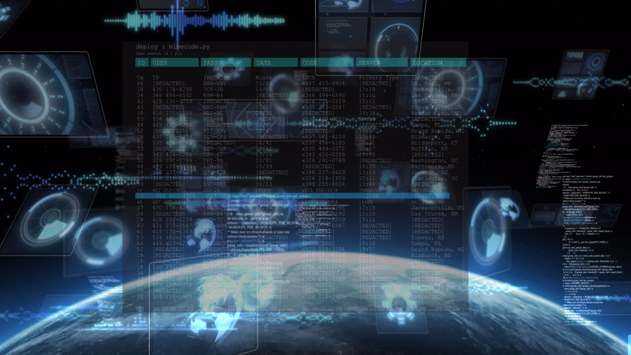 빛나는 별과 지구 위의 화면에서 데이터 처리의 애니메이션