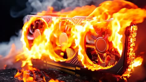 a close up of a video card on fire with smoke coming out of it