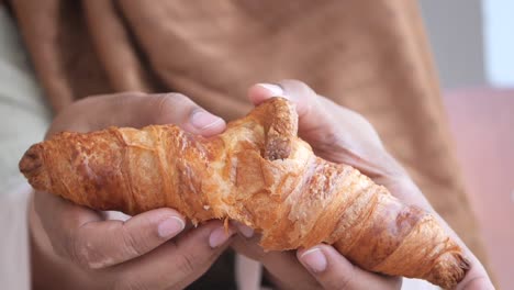 a croissant being held and eaten by hands