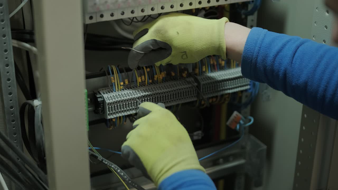 electricista trabajando en interruptores dentro del panel de control