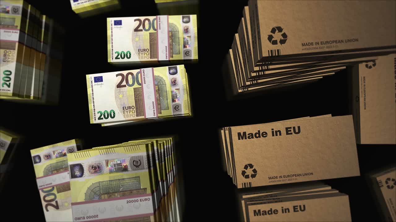 Made in EU Box und Euro-Geldbündel Loop 3D-Animation.