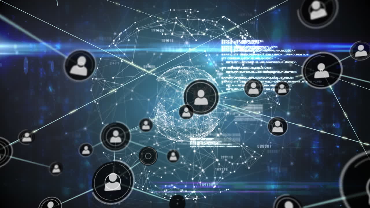 Animation of network of profile icons over spinning globe, blue light trails and data processing