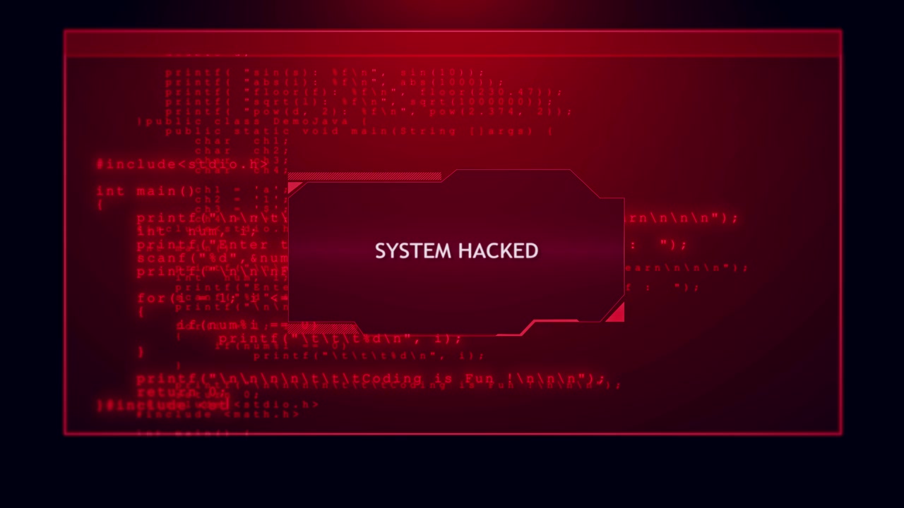 Attention danger symbol on dark red glitched background computer virus system hacked error sign