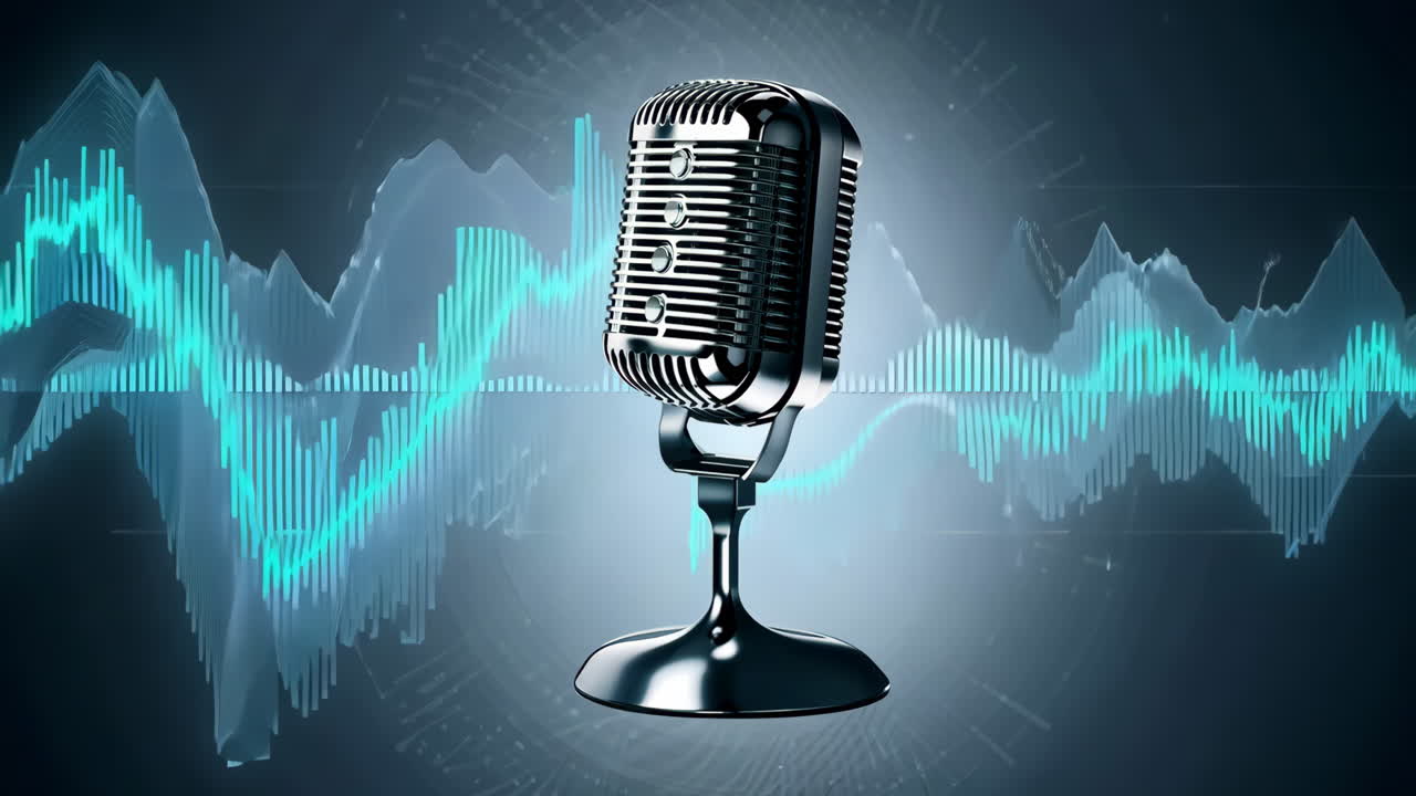 A microphone is shown with a blue and green background. The microphone is silver and has a black cord. The background is a mix of blue and green colors, which gives the image a futuristic