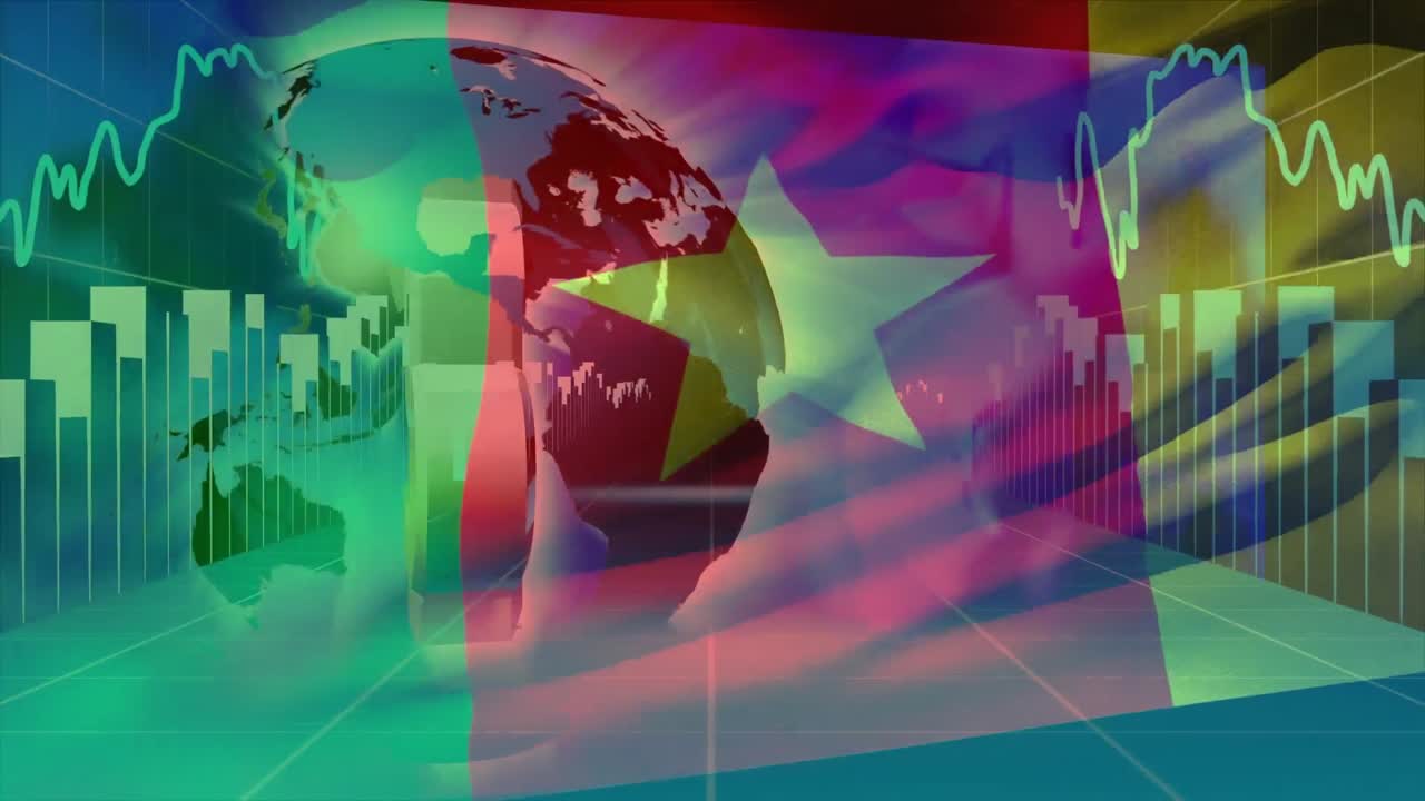 animación de la bandera móvil de camerún sobre el procesamiento de datos y el globo