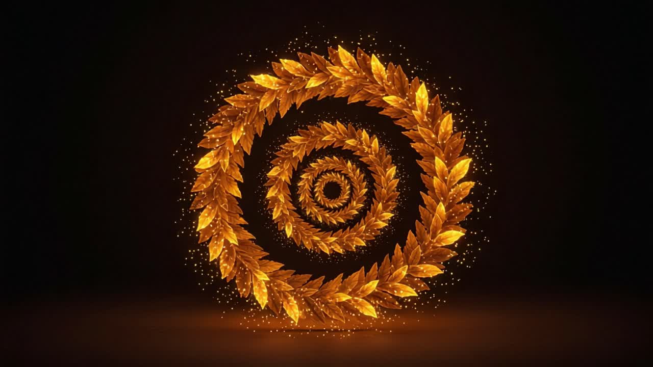 A mesmerizing display of swirling golden laurel leaves spirals inward, representing victory and achievement, set against a captivating dark background filled with twinkling sparks