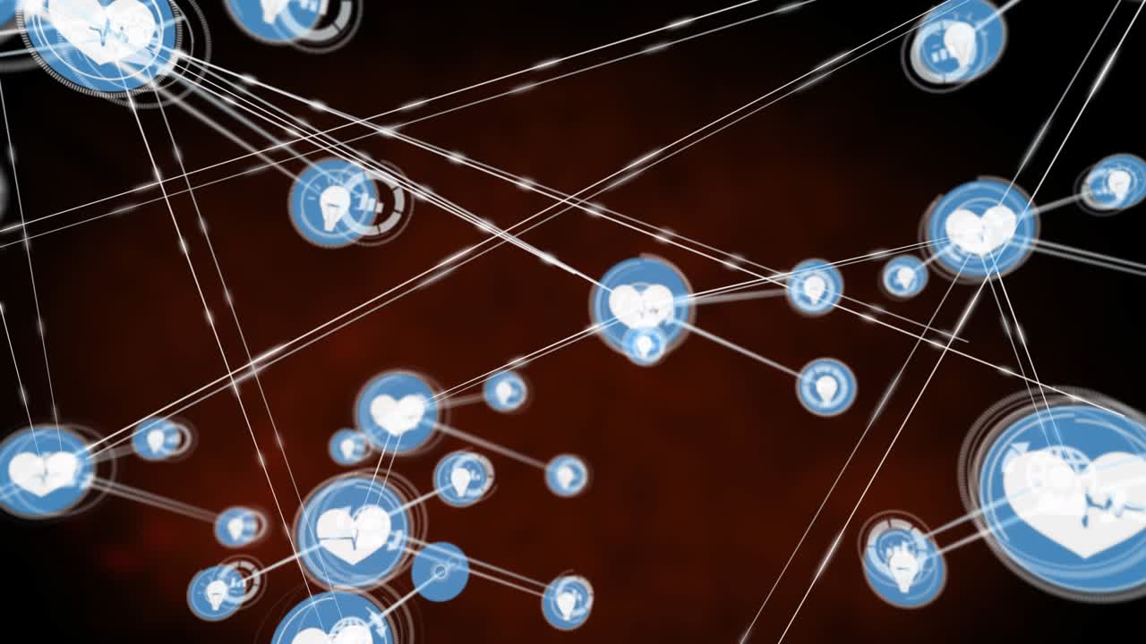 Animation of network of digital icons against red background