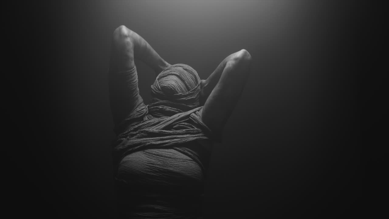 A mummy of a woman on a dark backdrop turns her head