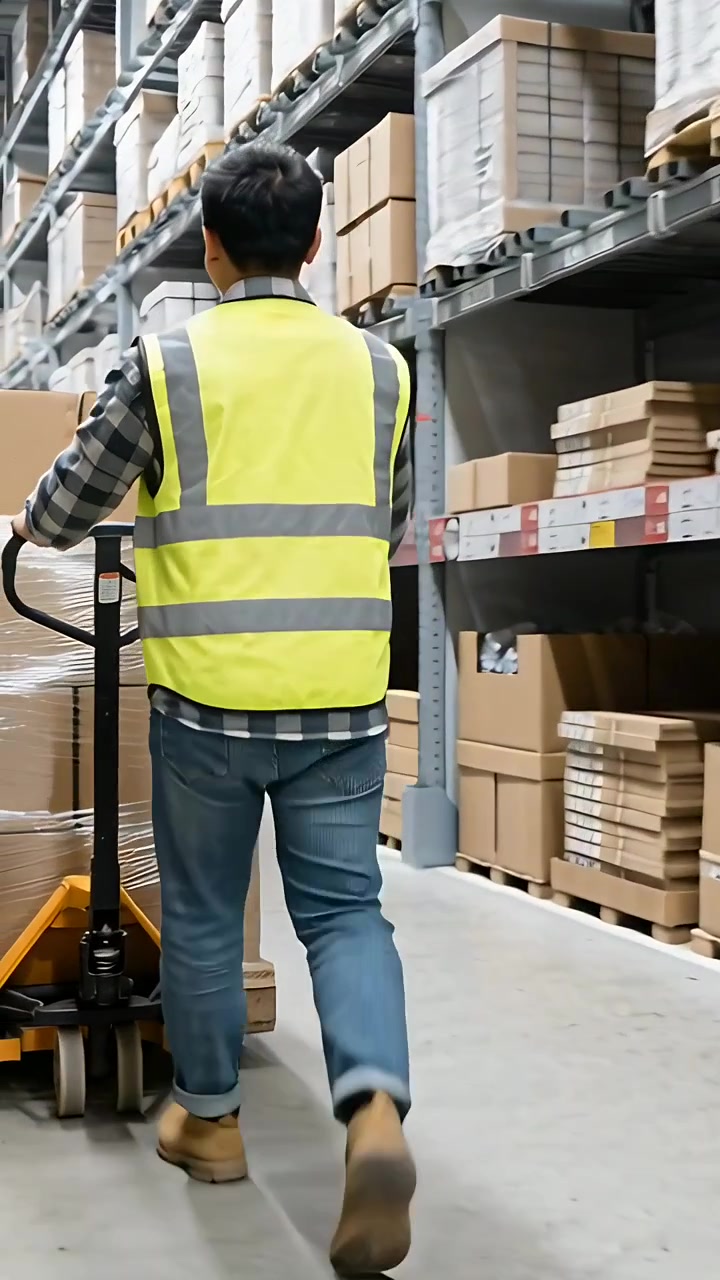 Video verticale: Lavoratore con gilet che manovra un transpallet, spingendo un pallet lungo il corridoio, spostando merci.