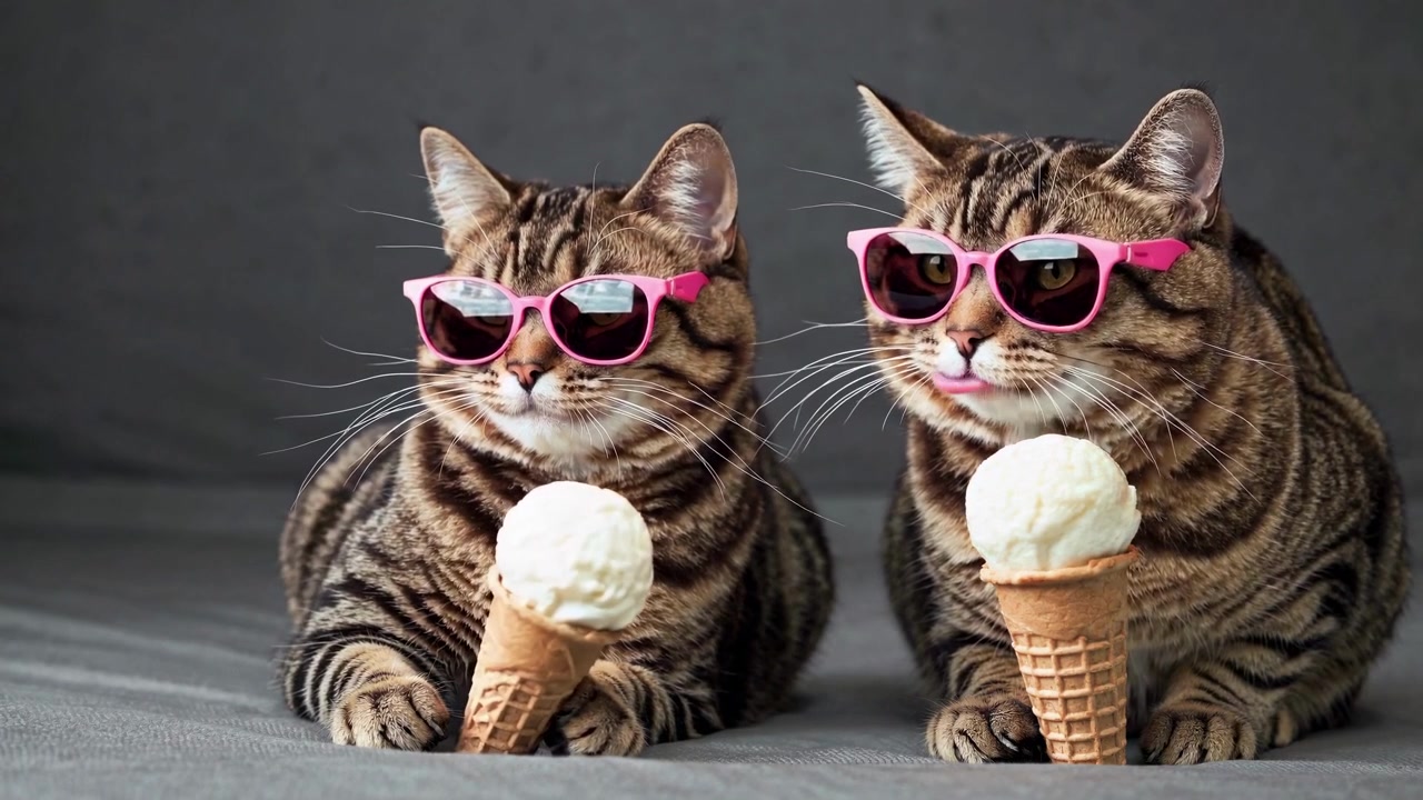 Due simpatici gatti soriani che indossano occhiali da sole rosa con un gelato