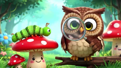 curious owl examines caterpillar in a vibrant forest with cheerful mushrooms and colorful flowers, showcasing a whimsical nature scene of friendship and discovery