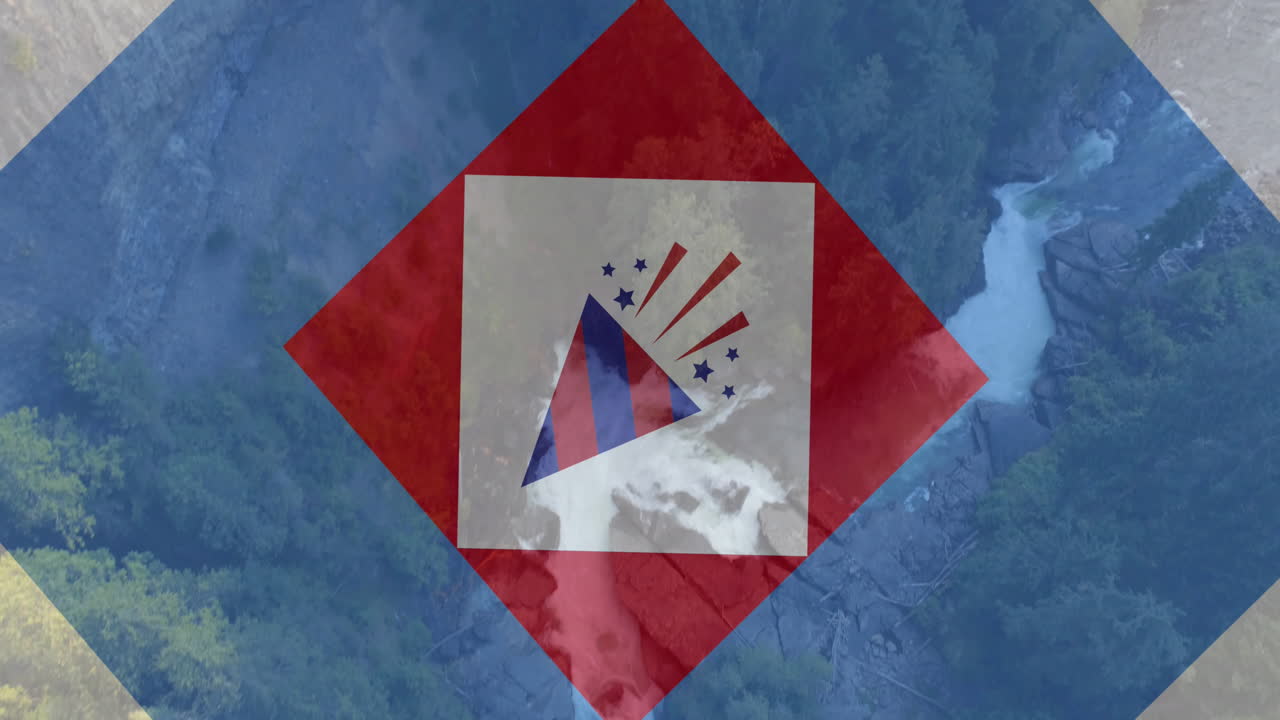 animación de cuadrados y conos de fiesta en los colores de la bandera de américa sobre el bosque y la cascada