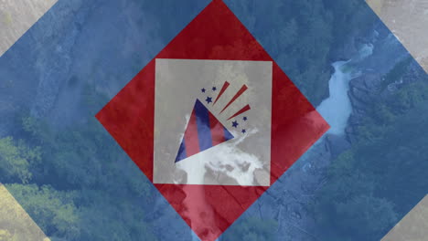 animación de cuadrados y conos de fiesta en los colores de la bandera de américa sobre el bosque y la cascada