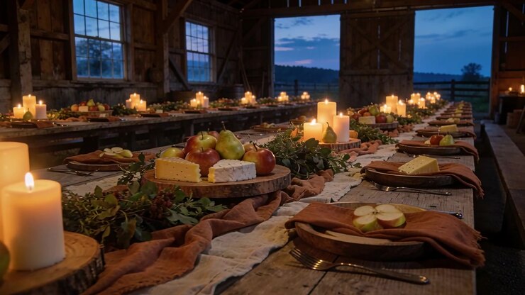Moving camera revealing rustic wooden table in barn at dusk, showing candles and cheese for dinner