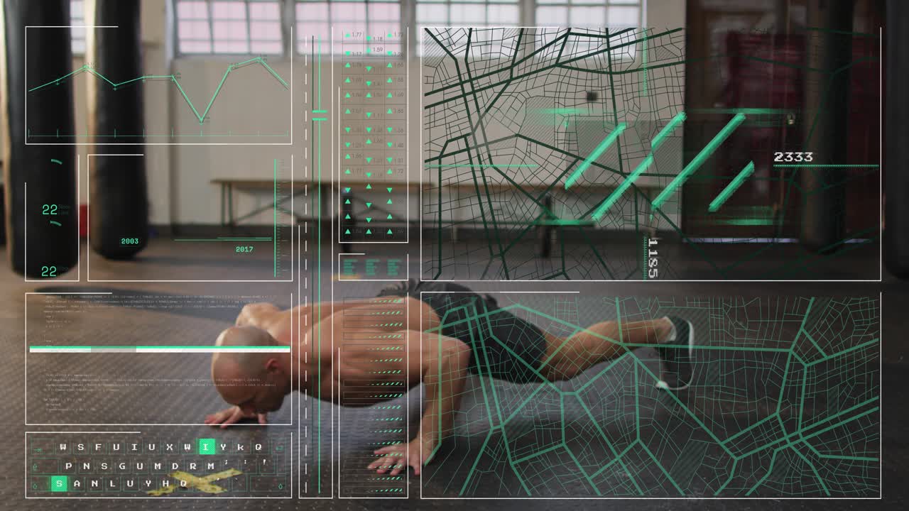 Male trainer doing plank pushups rising and alternating hands HUD overlaying core fitness metrics