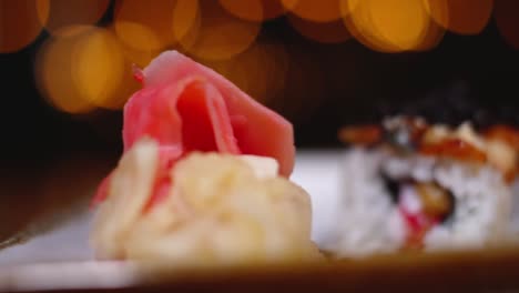 close-up of a eel and crab sushi roll