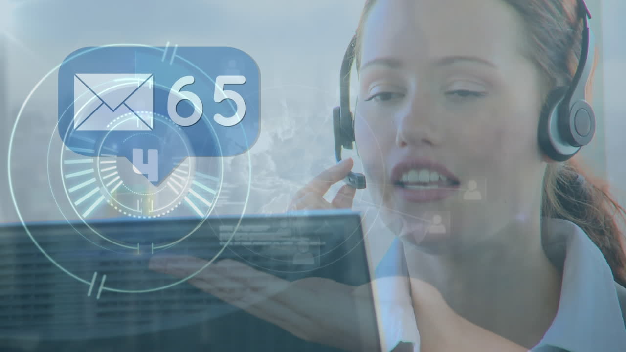 Animation of clock and massage icon over business woman using phone headset
