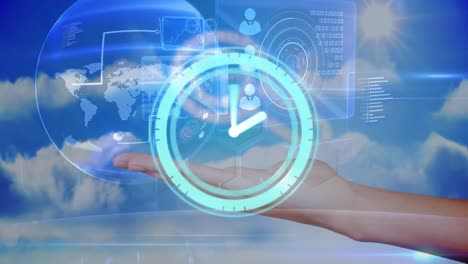 animación del reloj, el globo y la mano caucásica sobre las nubes