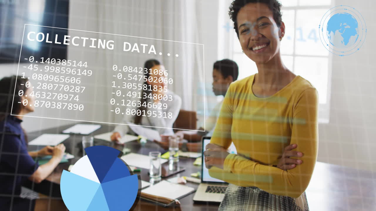 animación del procesamiento de datos financieros sobre diversas personas de negocios en la oficina