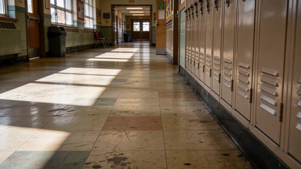 Eine tief geführte Kamerafahrt entlang eines Schulflurs, zeigt Spinde und sonnenbeschienene Fliesen, die Türen enthüllen.