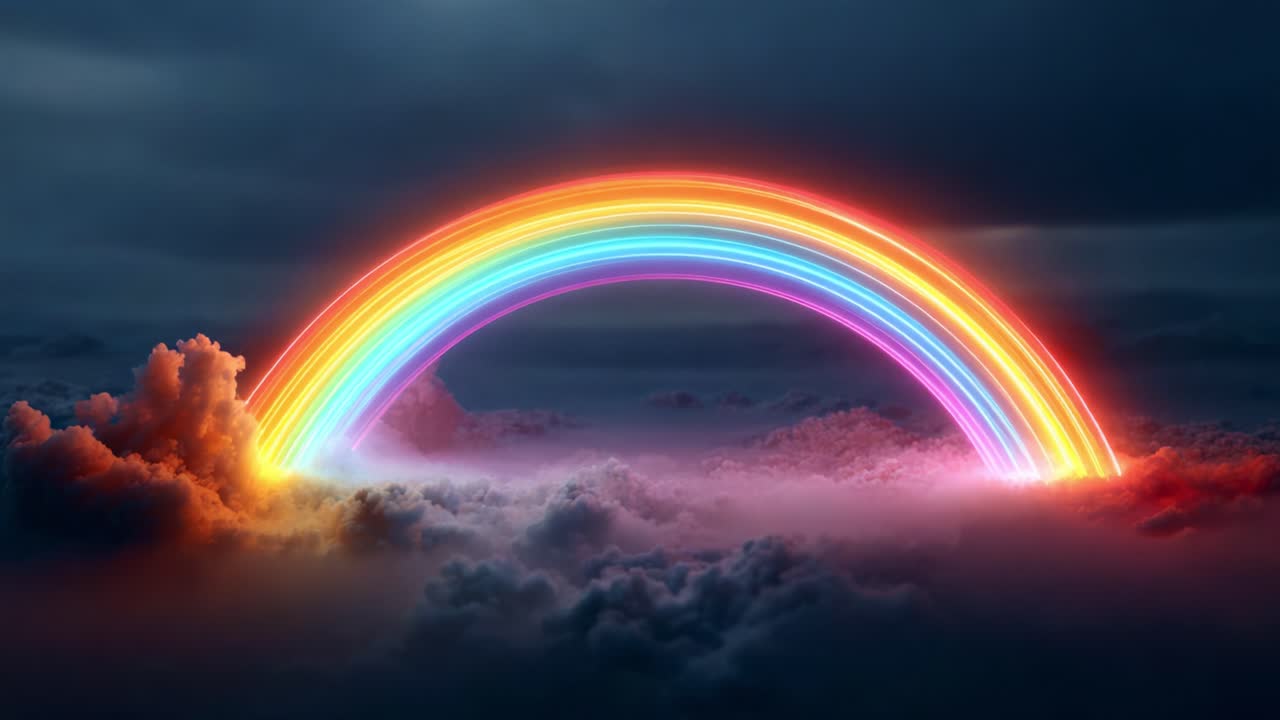 A breathtaking display of vibrant color illuminates the sky as a radiant rainbow arc emerges through majestic clouds, casting a magical glow over the ethereal landscape beneath