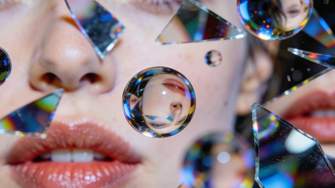 Lighting hitting prism fragments creating rotating droplet reflecting female model's lips at studio