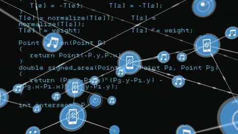 Animation-Von-Symbolen,-Die-Mit-Linien-über-Sich-Wiederholender-Computersprache-Vor-Schwarzem-Hintergrund-Verbunden-Sind