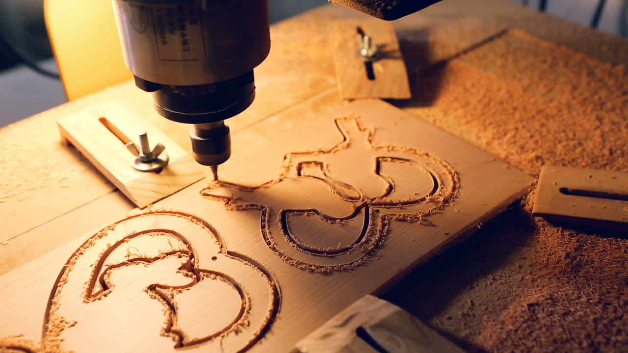 Cnc Drill Is Drilling On The Wooden Plank. In the woodworkers shop the cnc drill is drilling on the wooden plank