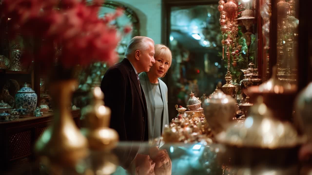 A Couple Engaged in an Intimate Conversation While Exploring a Dimly Lit Antique Shop, Surrounded by a Dazzling Array of Vintage Treasures and Ornate Collectibles Reflecting Warm Tones in the Ambient Light
