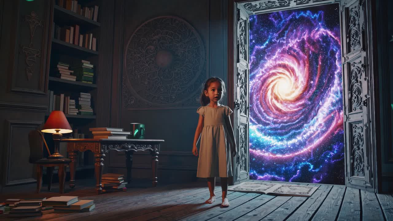 Child standing in front of a portal to another dimension in a library