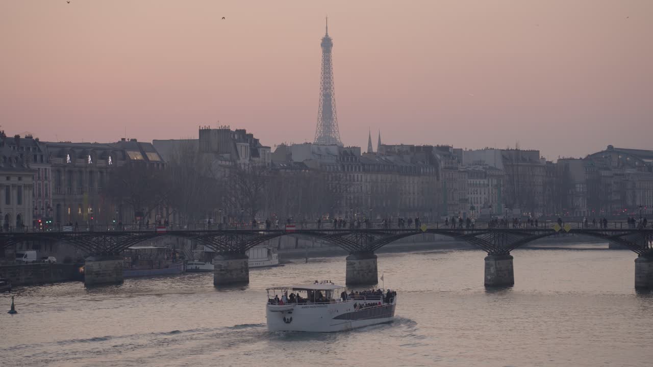 Paris cityscape with Eiffel Tower, Seine River, and bridge