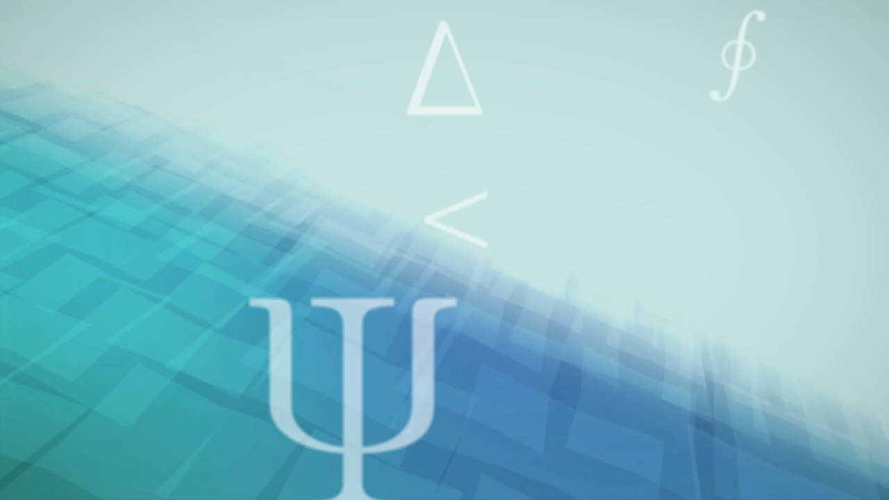 Animation of mathematical symbols over blue shapes