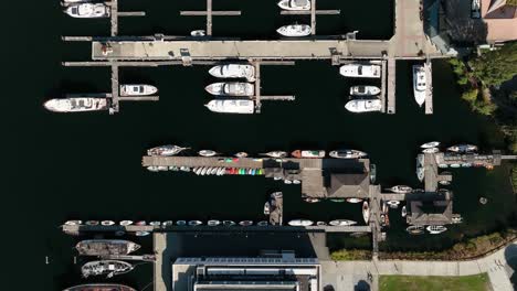 aerial of docks at the center for wooden boats in seattle, washington